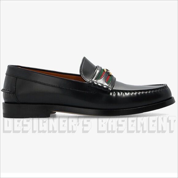 Gucci 13 black KAVEH polished Leather DOUBLE G WEB detail Loafer Shoes NIB - Picture 12 of 13